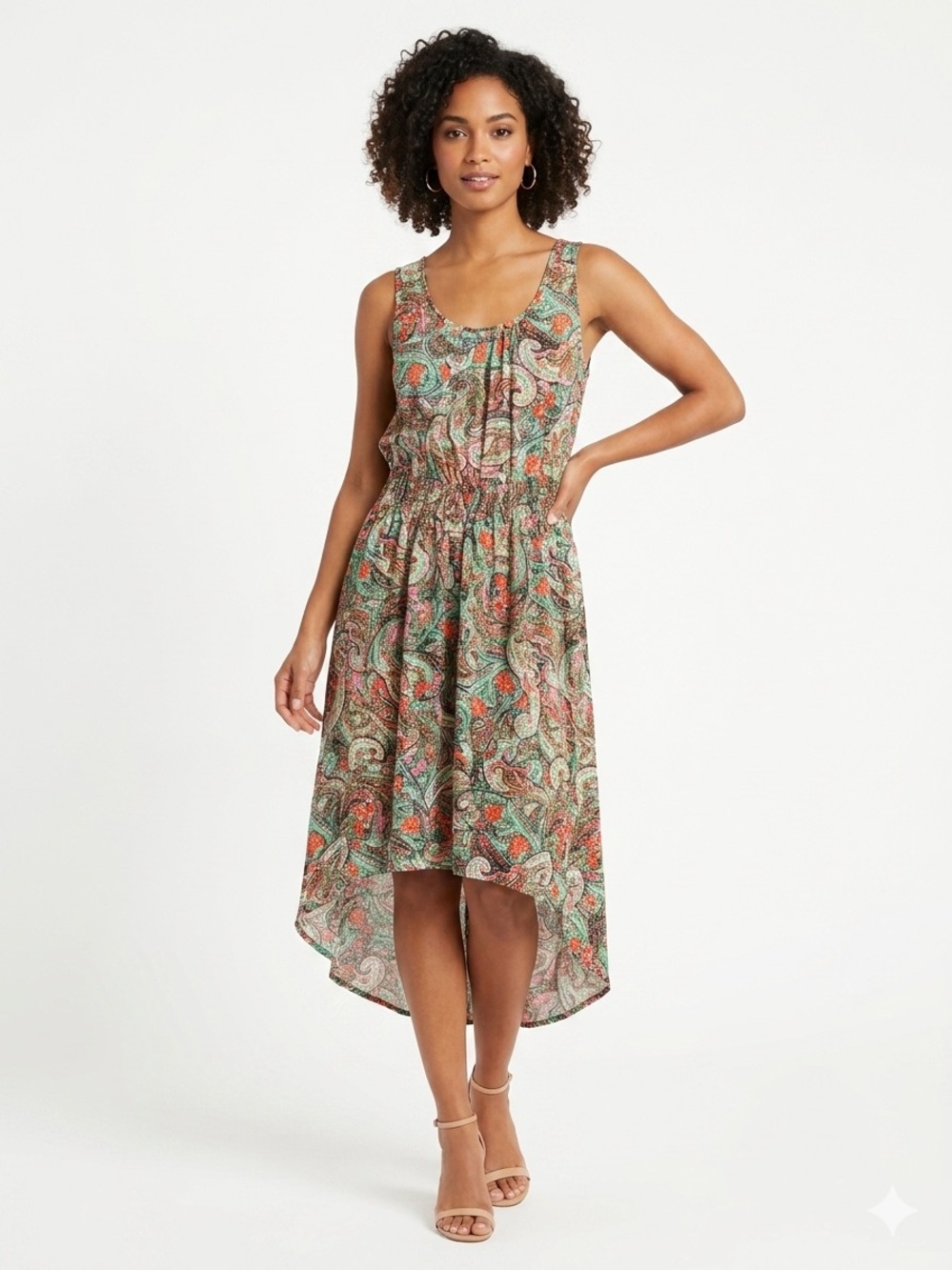 Tiara Sleeveless Paisley High-Low Dress in Green and Coral